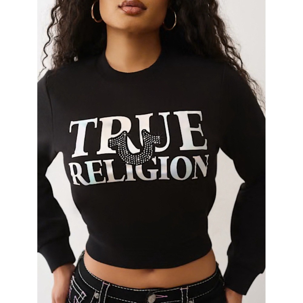 True Religion shiny crew sweater Pullover Shirt Top XXL Crop NWT Black